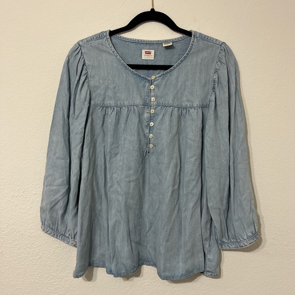 Levi's Tops - Levi's Chambray Blouse Women Large Light Blue Excellent Puff Sleeve Boho Top